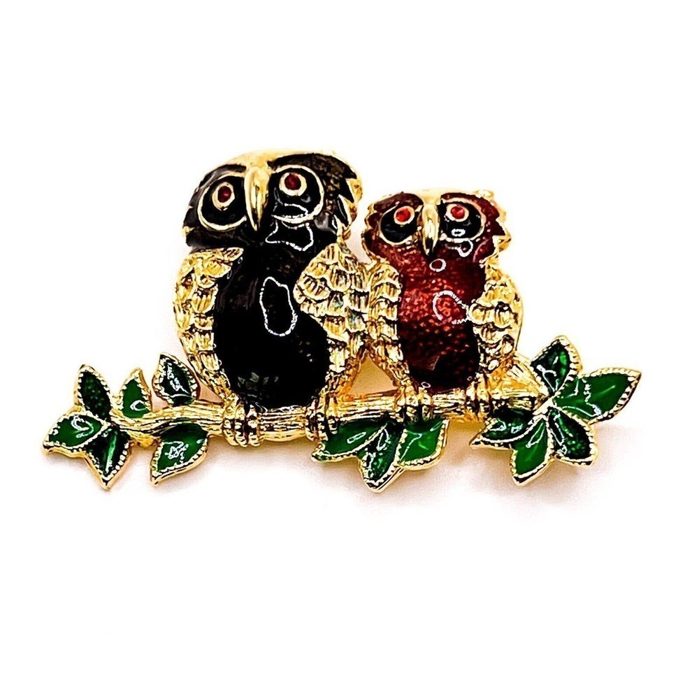 𝅺VINTAGE 2 Owls On Branch Pin Gold Red Black Enamel Bird 2.25in